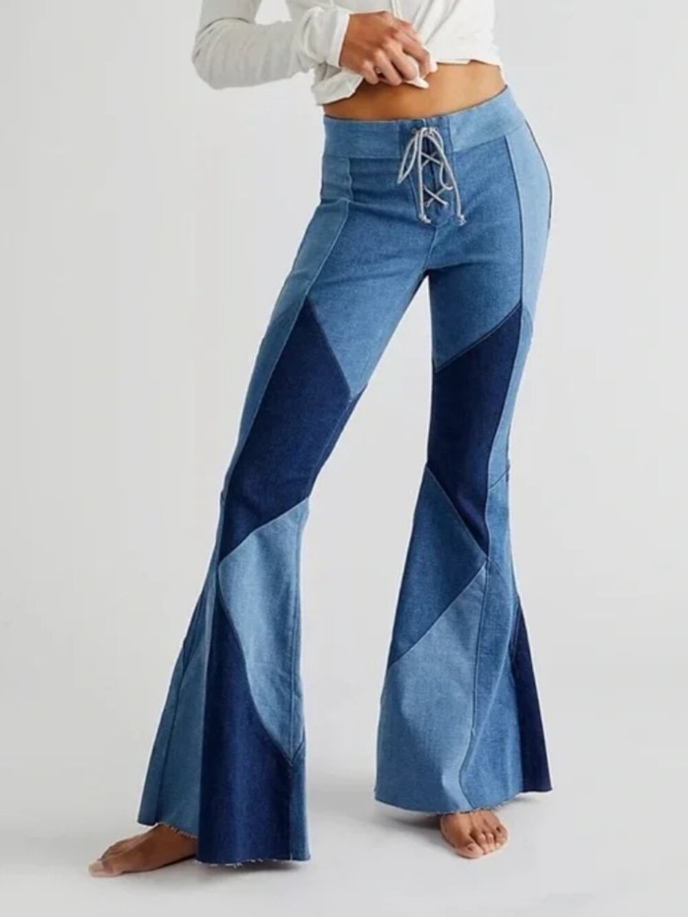free people we the free boheme jeans bell bottom flare patchwork lace up Boho 27